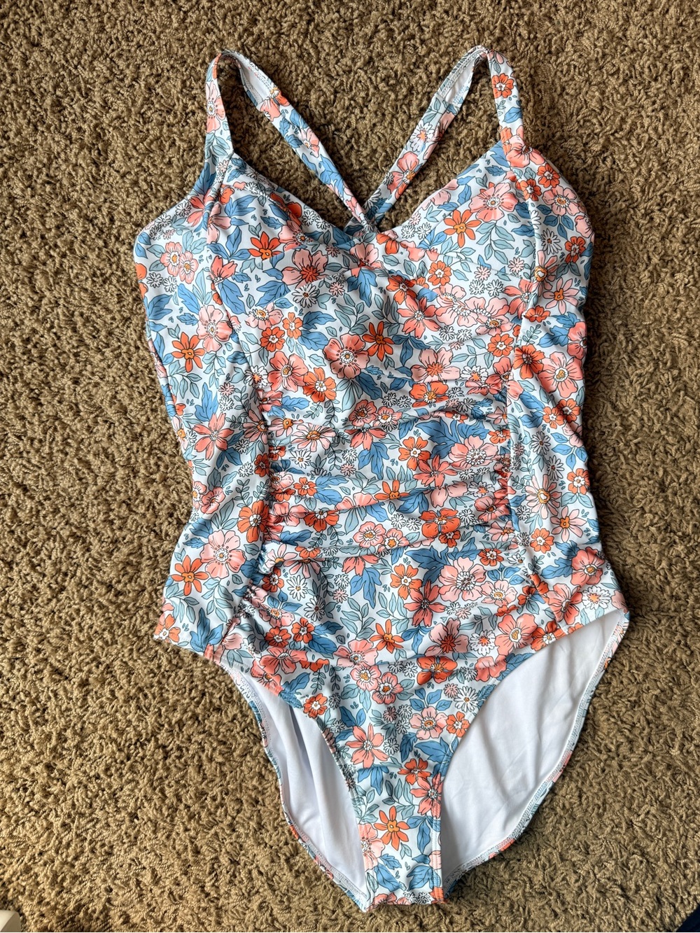 Floral tummy control One-Piece Swimsuit in Coral & Blue